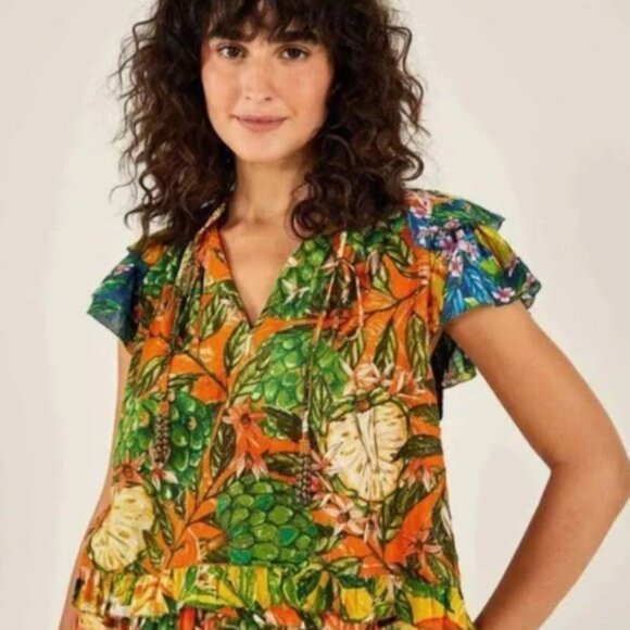 FARM Rio Caipirinha Tropical Floral Multi Ruffle Sleeve Blouse XS $159 - Picture 8 of 8